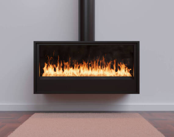 Burning fireplace, cozy home interior. Fire burning, freestanding gas stove