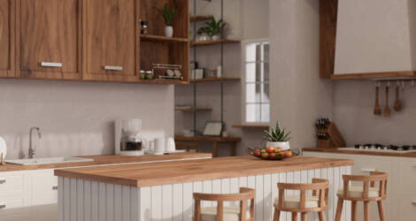 Empty mockup space on beautiful wood kitchen countertop in minimal Scandinavian kitchen